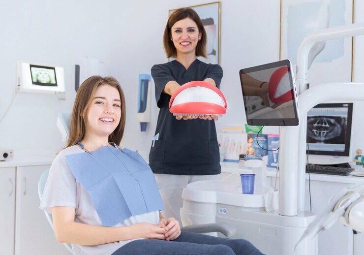 happy-female-sitting-dental-chair-front-dentist-holding-teeth-model_23-2147879295